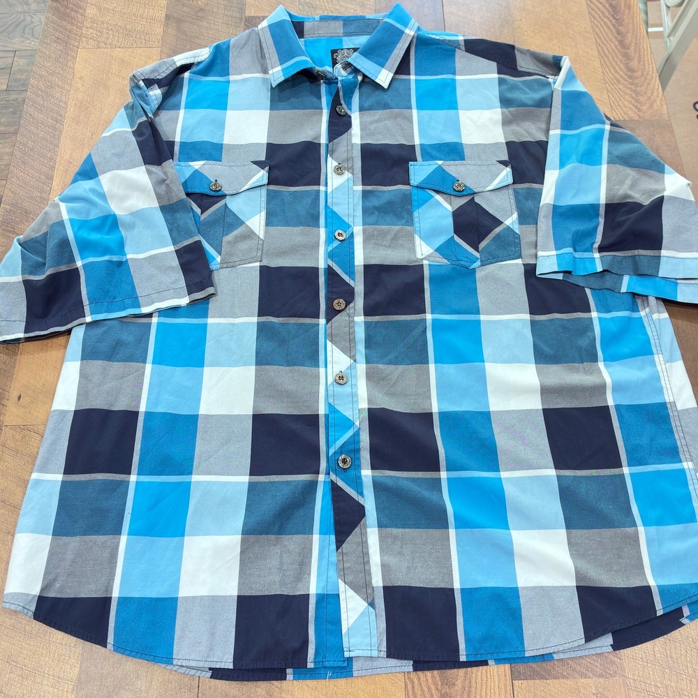 NOIZ Men's 6XL Blue Plaid Casual Button Down Shirt Short Sleeve Cotton Blend